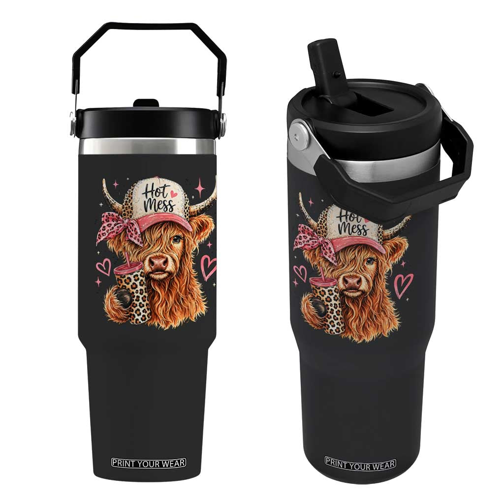 Hot Mess Highland Cow Pink Leopard Coquette Flip Straw Tumbler Cute Western Country Mom Life TS02 One Size: 30 oz Black Print Your Wear