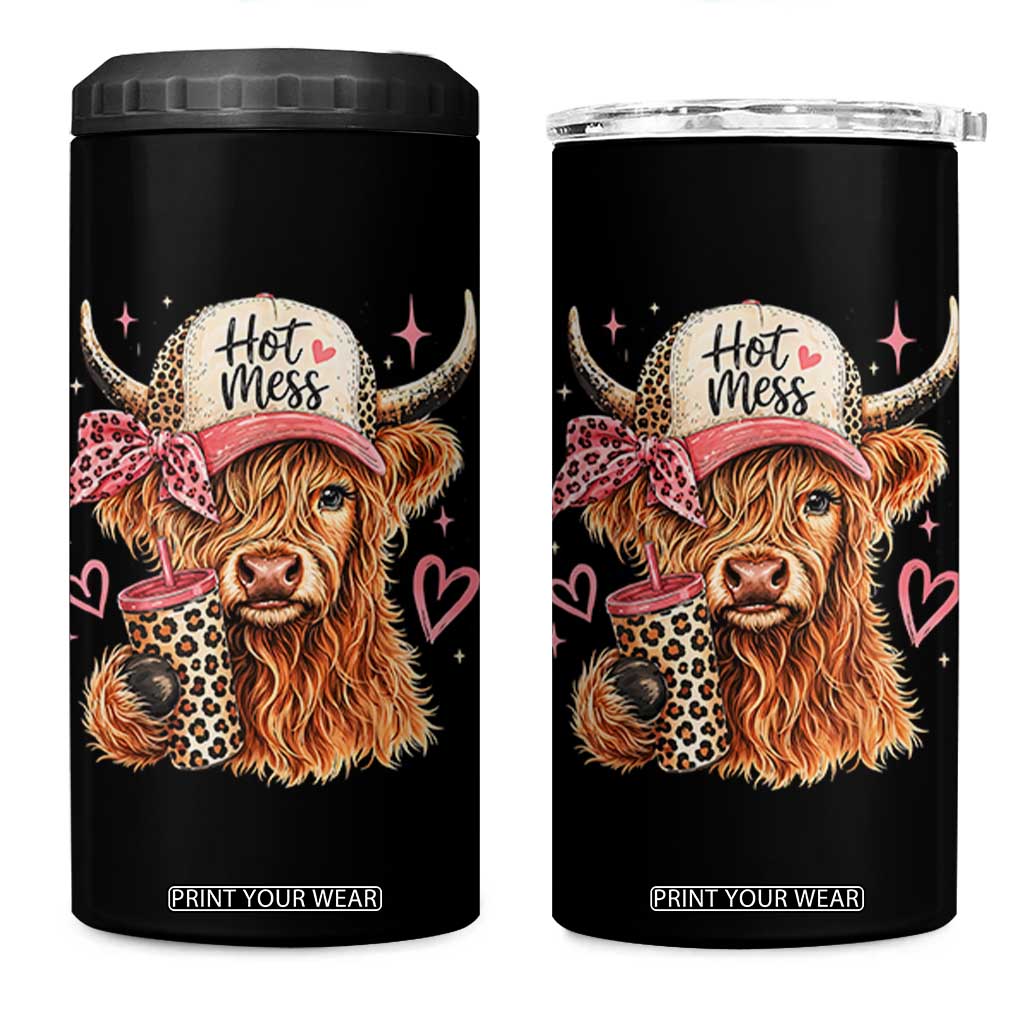 Hot Mess Highland Cow Pink Leopard Coquette 4 in 1 Can Cooler Tumbler Cute Western Country Mom Life