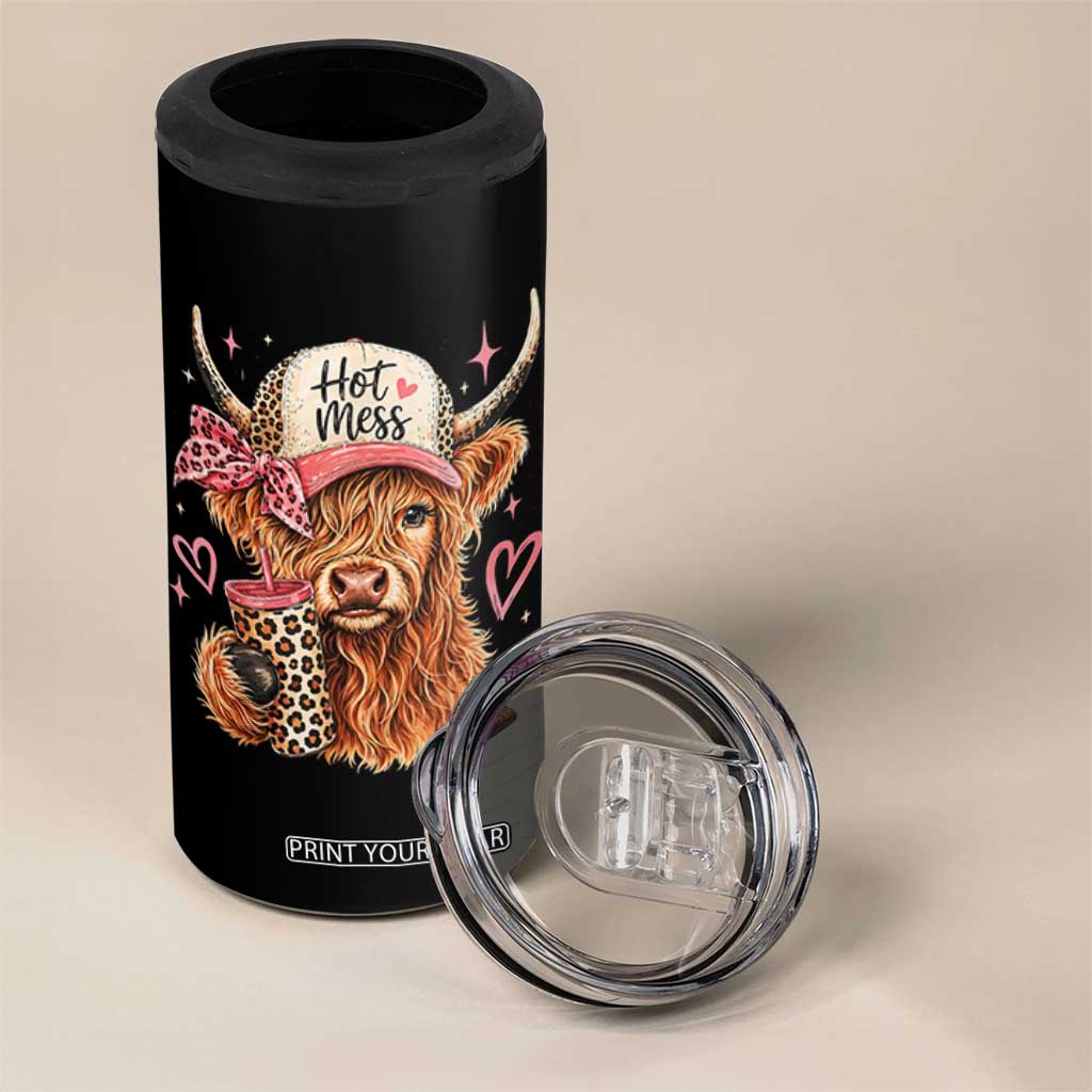 Hot Mess Highland Cow Pink Leopard Coquette 4 in 1 Can Cooler Tumbler Cute Western Country Mom Life