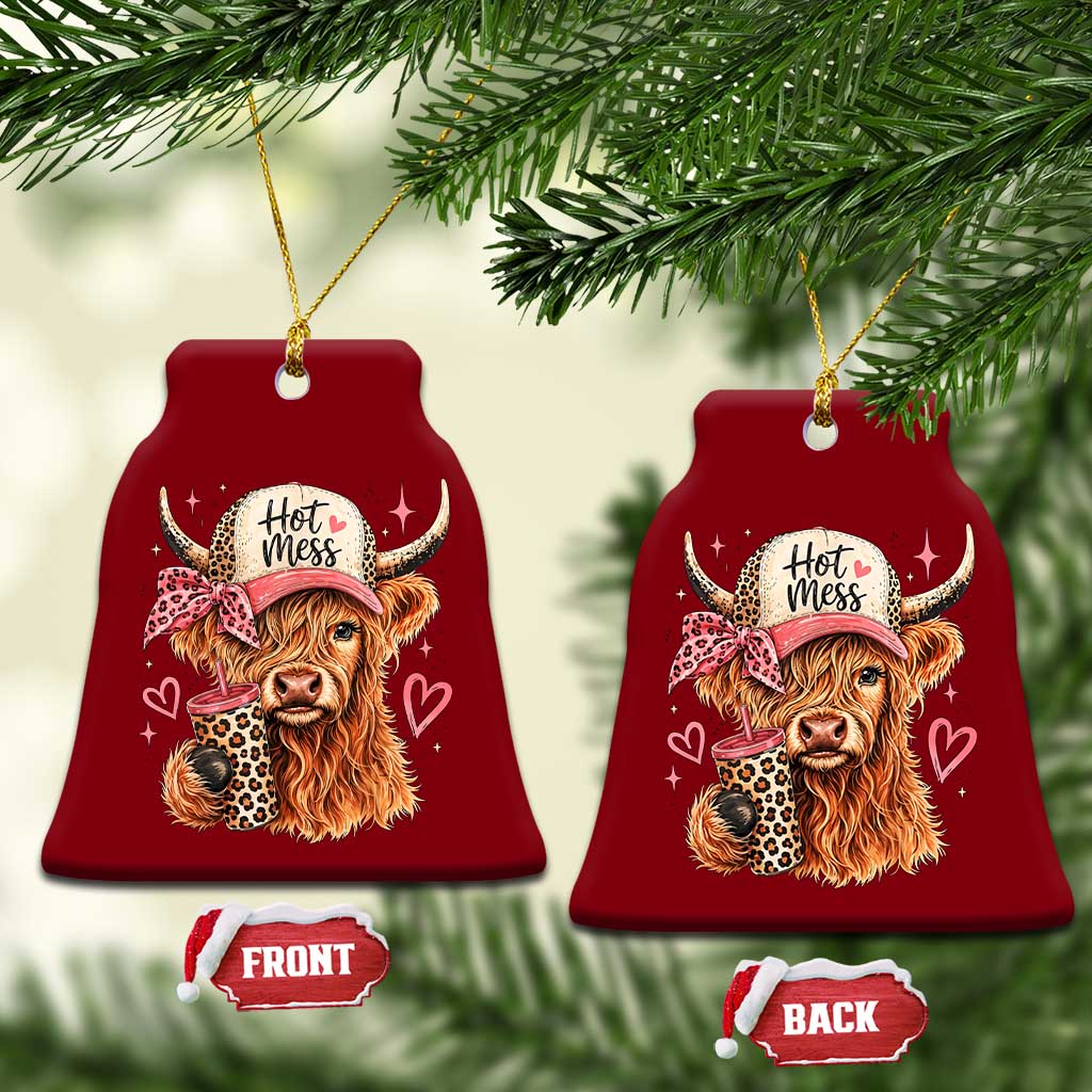 Hot Mess Highland Cow Pink Leopard Coquette Ceramic Ornament Cute Western Country Mom Life