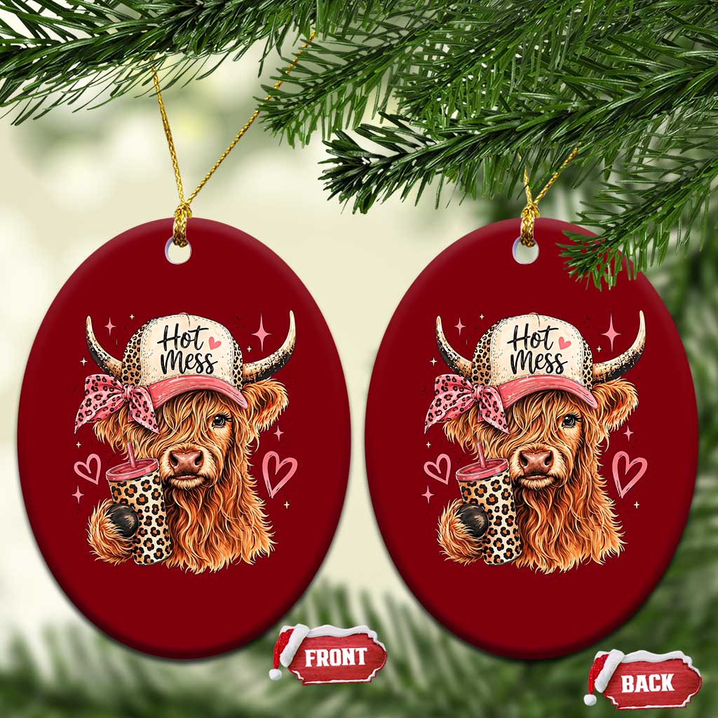 Hot Mess Highland Cow Pink Leopard Coquette Ceramic Ornament Cute Western Country Mom Life