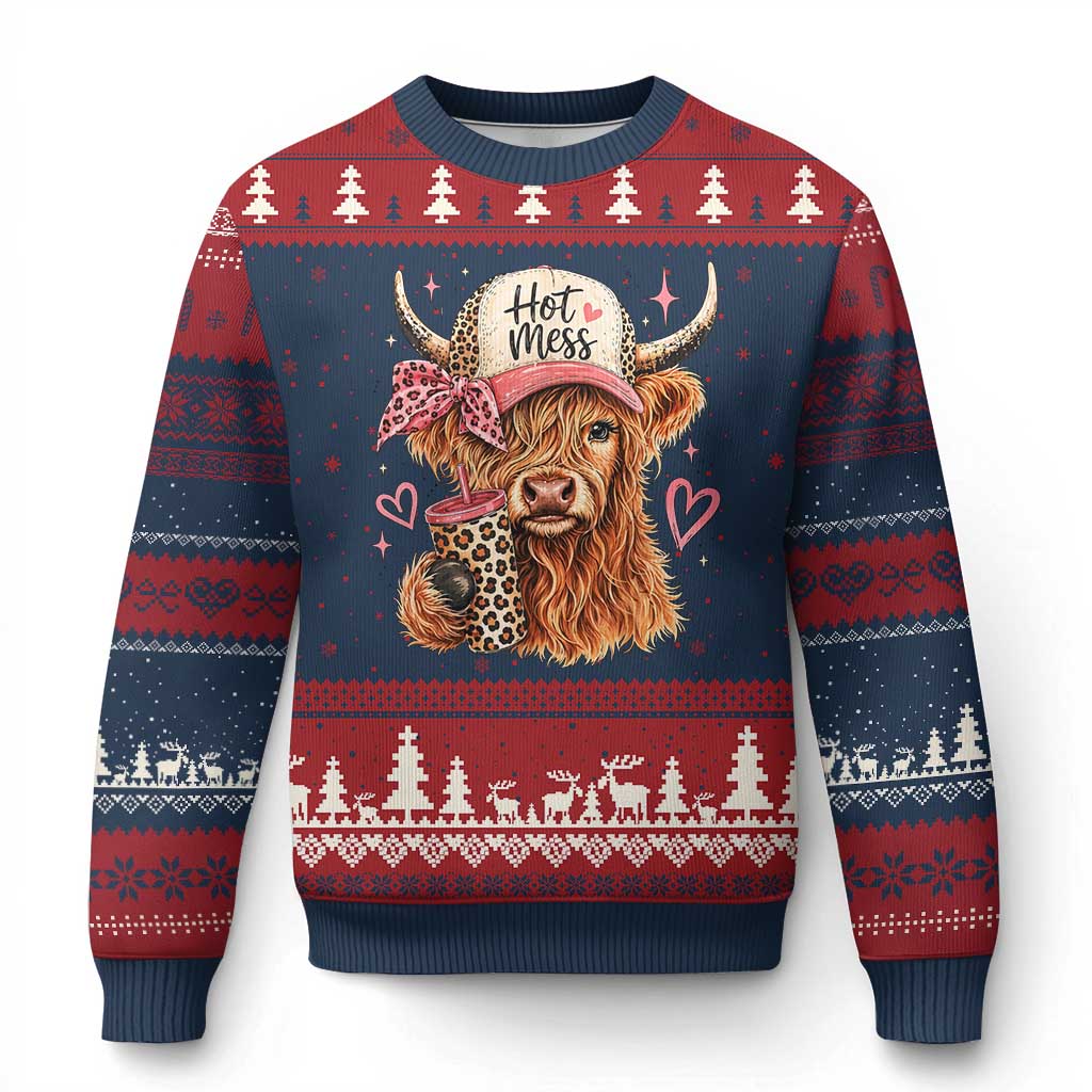 Hot Mess Highland Cow Pink Leopard Coquette Ugly Christmas Sweater Cute Western Country Mom Life TS02 Navy Red Print Your Wear