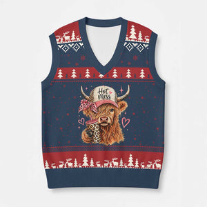 Hot Mess Highland Cow Pink Leopard Coquette V-Neck Knit Sweater Vest Cute Western Country Mom Life
