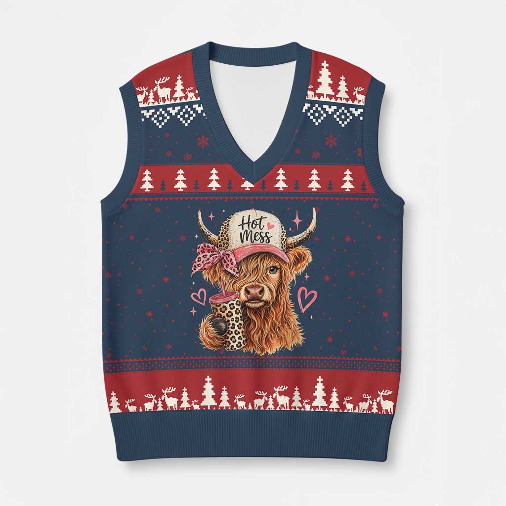 Hot Mess Highland Cow Pink Leopard Coquette V-Neck Knit Sweater Vest Cute Western Country Mom Life TS02 Navy Red Print Your Wear