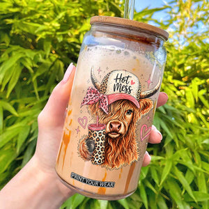 Hot Mess Highland Cow Pink Leopard Coquette Glass Can Cute Western Country Mom Life