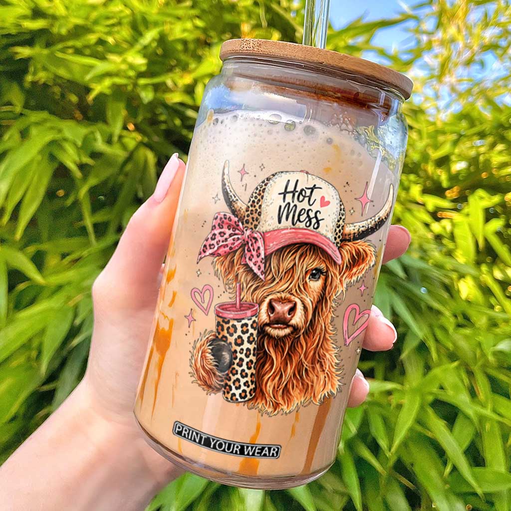 Hot Mess Highland Cow Pink Leopard Coquette Glass Can Cute Western Country Mom Life TS02 Black Print Your Wear