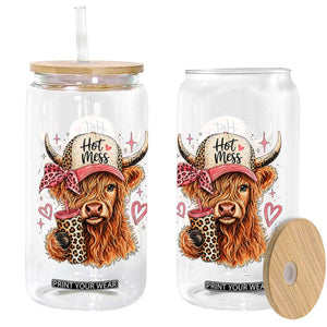 Hot Mess Highland Cow Pink Leopard Coquette Glass Can Cute Western Country Mom Life