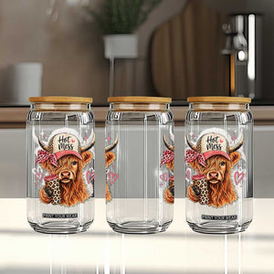 Hot Mess Highland Cow Pink Leopard Coquette Glass Can Cute Western Country Mom Life