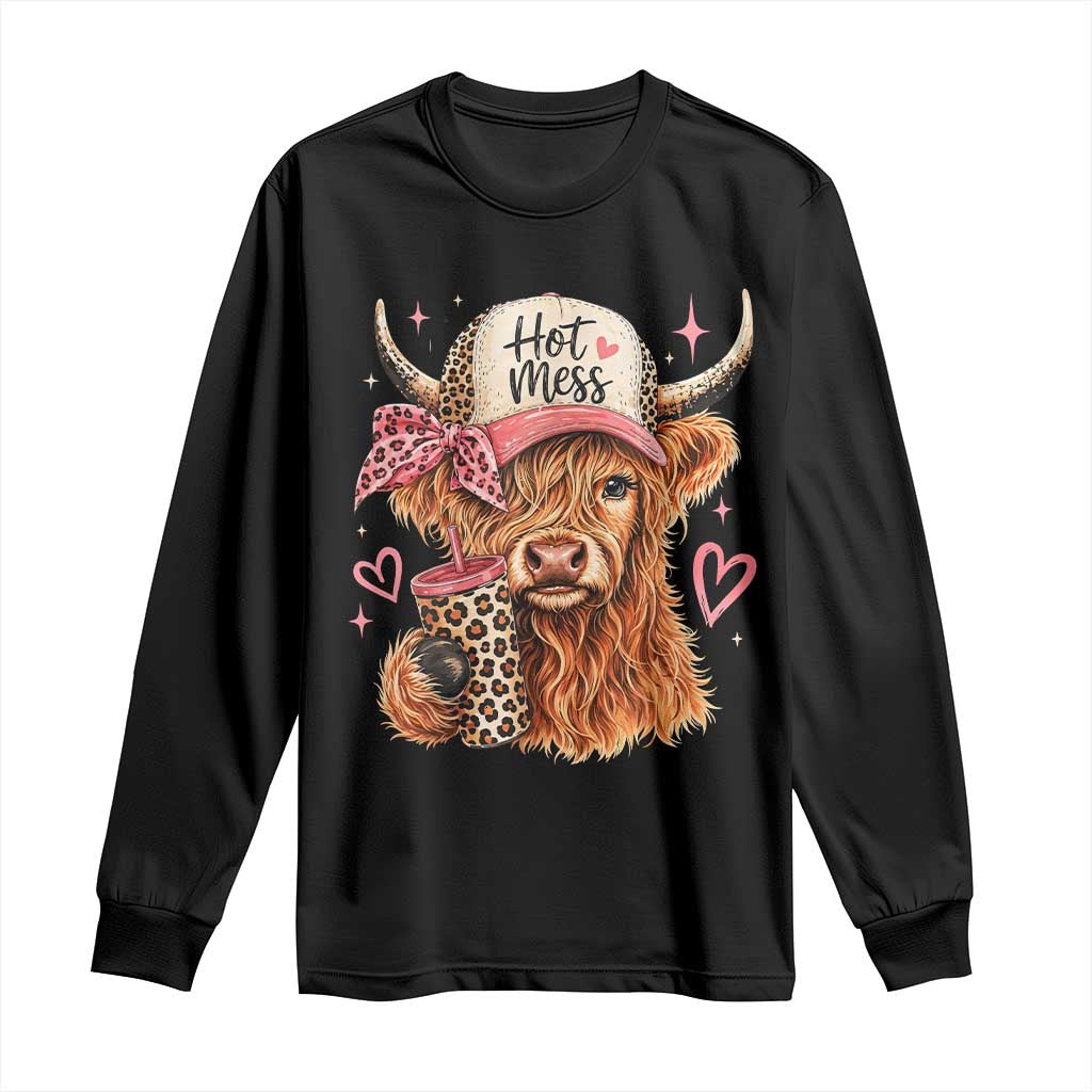 Hot Mess Highland Cow Pink Leopard Coquette Long Sleeve Shirt Cute Western Country Mom Life TS02 Black Print Your Wear