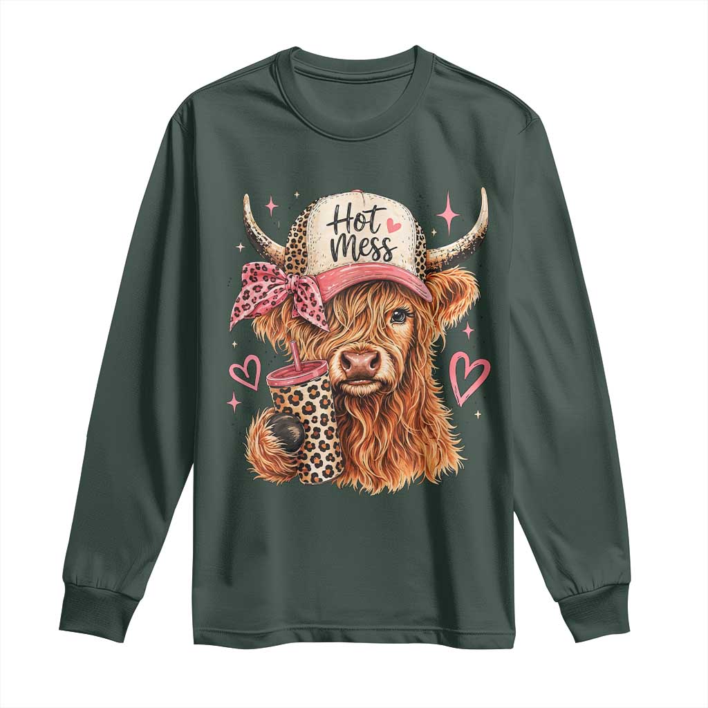 Hot Mess Highland Cow Pink Leopard Coquette Long Sleeve Shirt Cute Western Country Mom Life