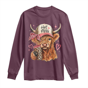 Hot Mess Highland Cow Pink Leopard Coquette Long Sleeve Shirt Cute Western Country Mom Life