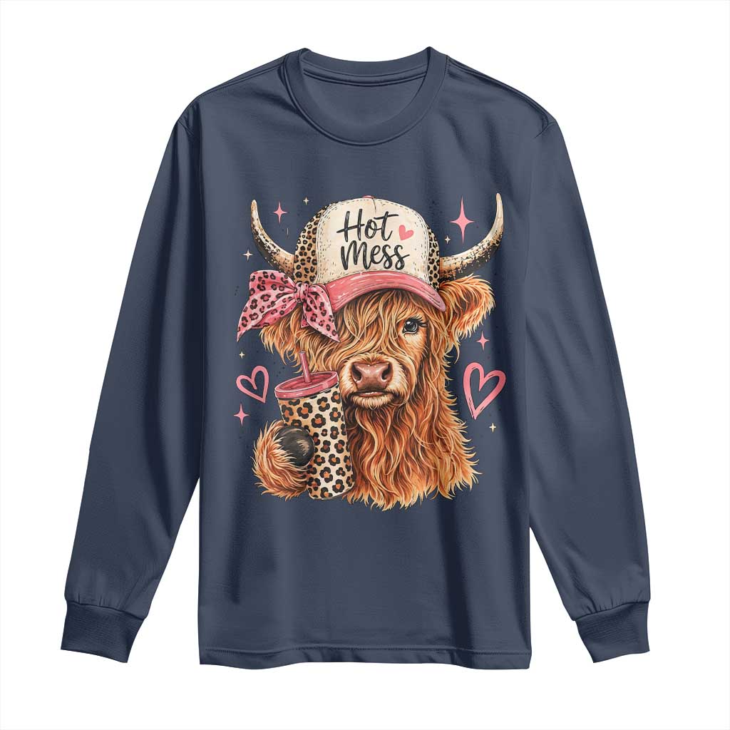Hot Mess Highland Cow Pink Leopard Coquette Long Sleeve Shirt Cute Western Country Mom Life