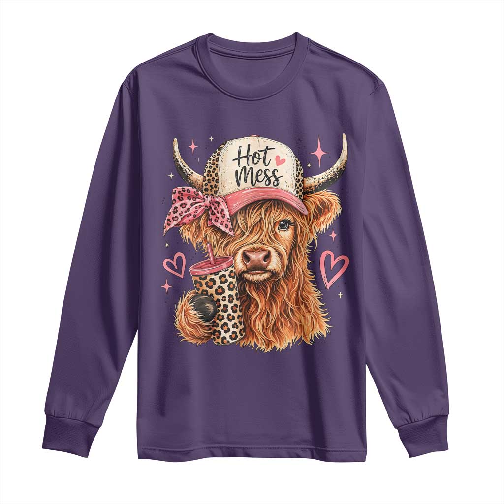 Hot Mess Highland Cow Pink Leopard Coquette Long Sleeve Shirt Cute Western Country Mom Life