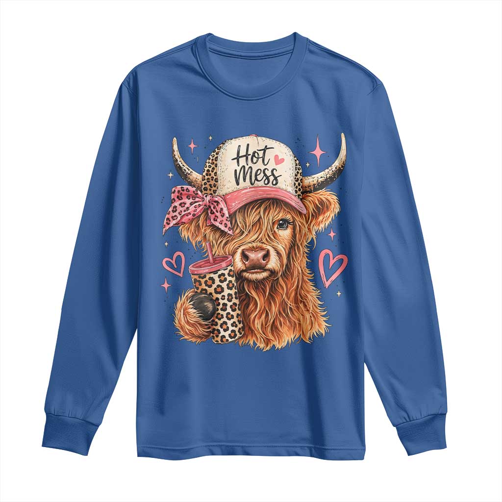 Hot Mess Highland Cow Pink Leopard Coquette Long Sleeve Shirt Cute Western Country Mom Life