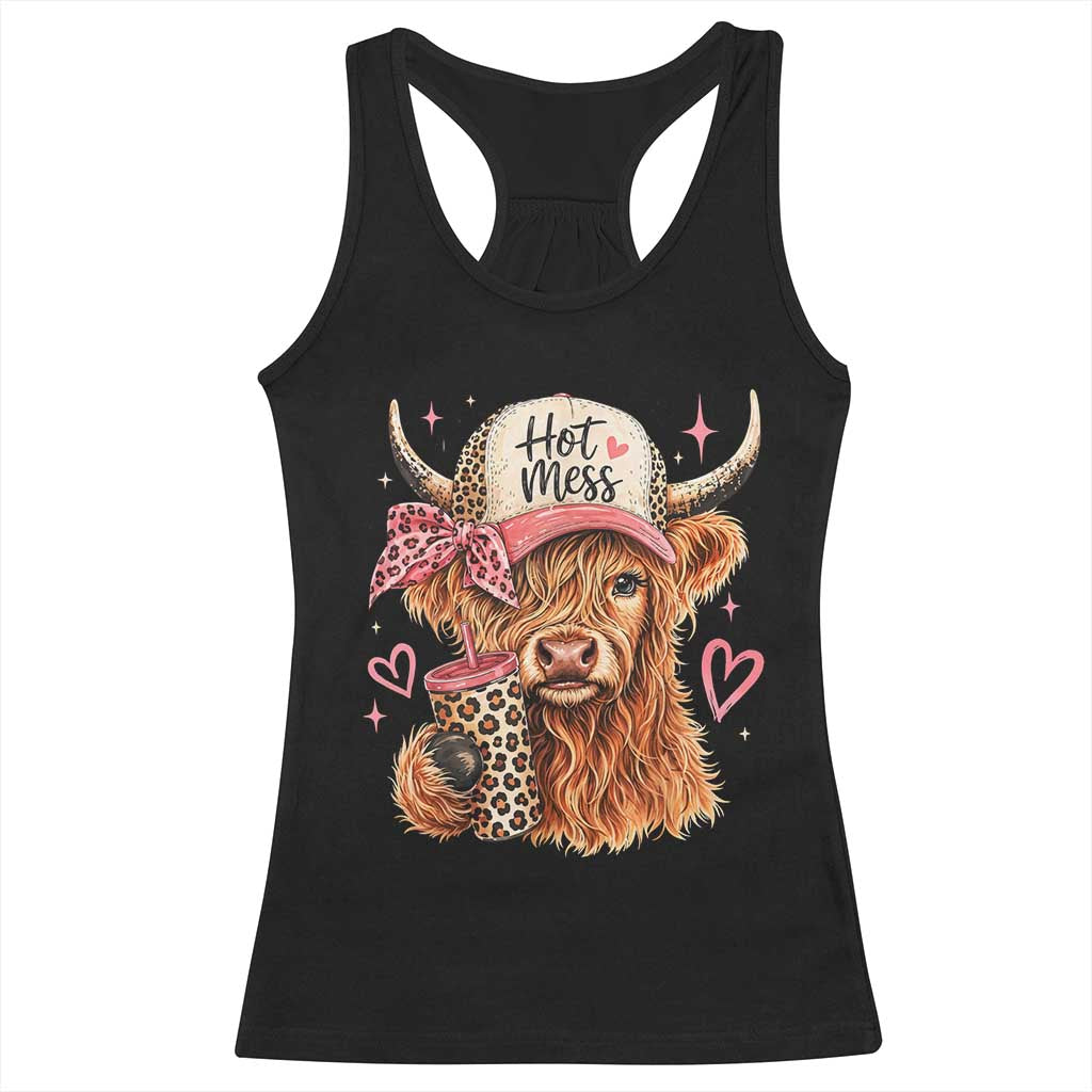 Hot Mess Highland Cow Pink Leopard Coquette Racerback Tank Top Cute Western Country Mom Life TS02 Black Print Your Wear