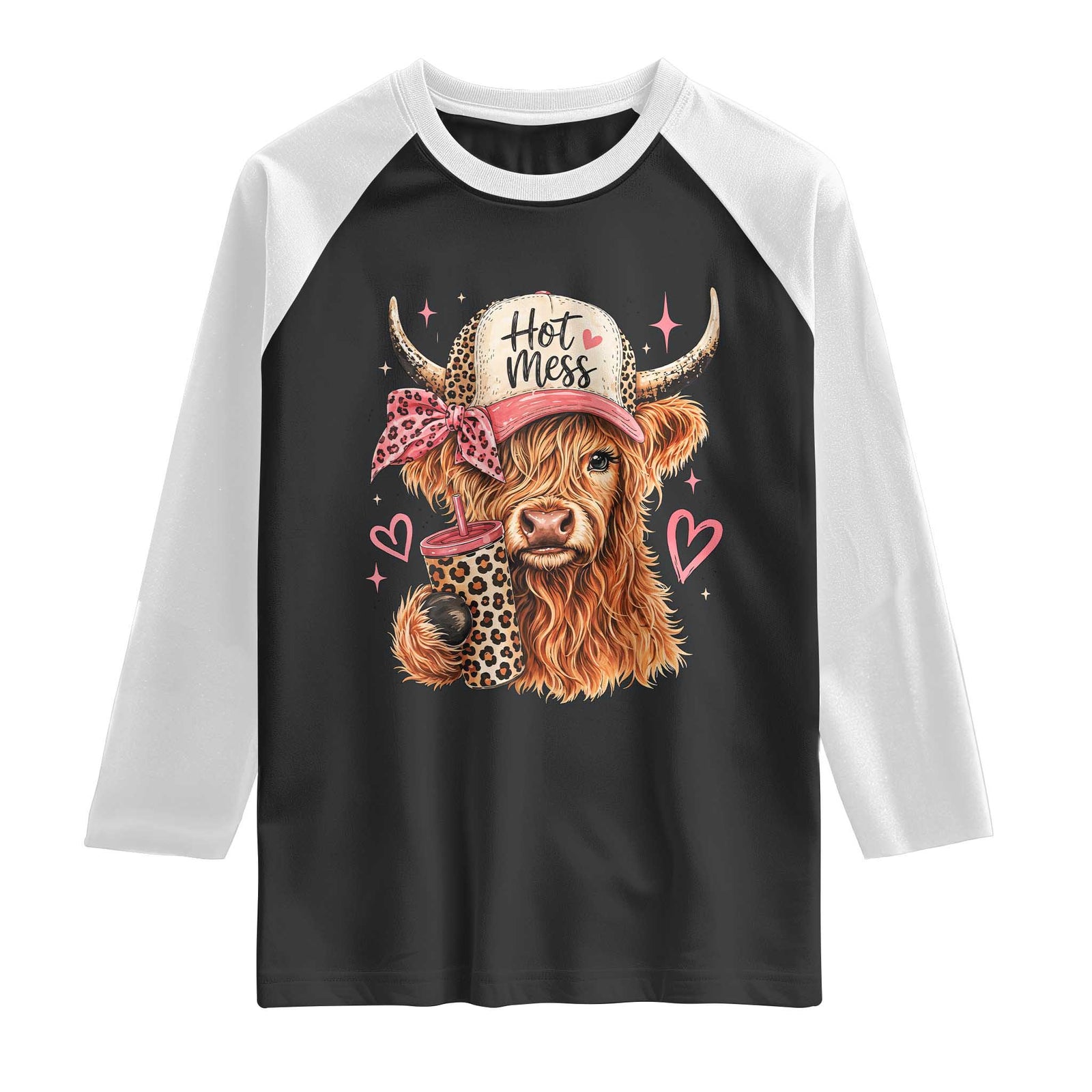 Hot Mess Highland Cow Pink Leopard Coquette Raglan Shirt Cute Western Country Mom Life TS02 Black White Print Your Wear