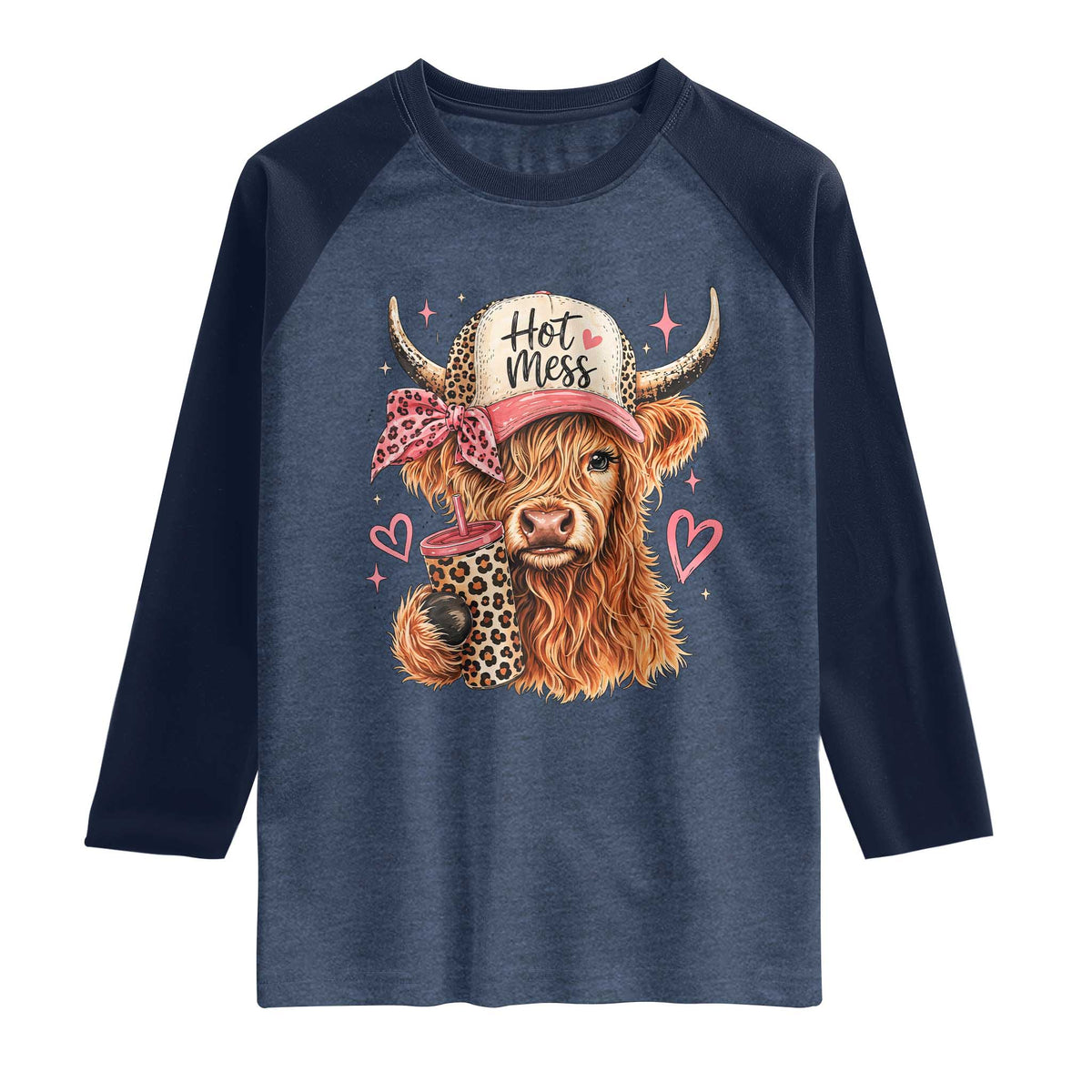 Hot Mess Highland Cow Pink Leopard Coquette Raglan Shirt Cute Western Country Mom Life