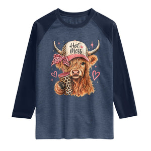 Hot Mess Highland Cow Pink Leopard Coquette Raglan Shirt Cute Western Country Mom Life