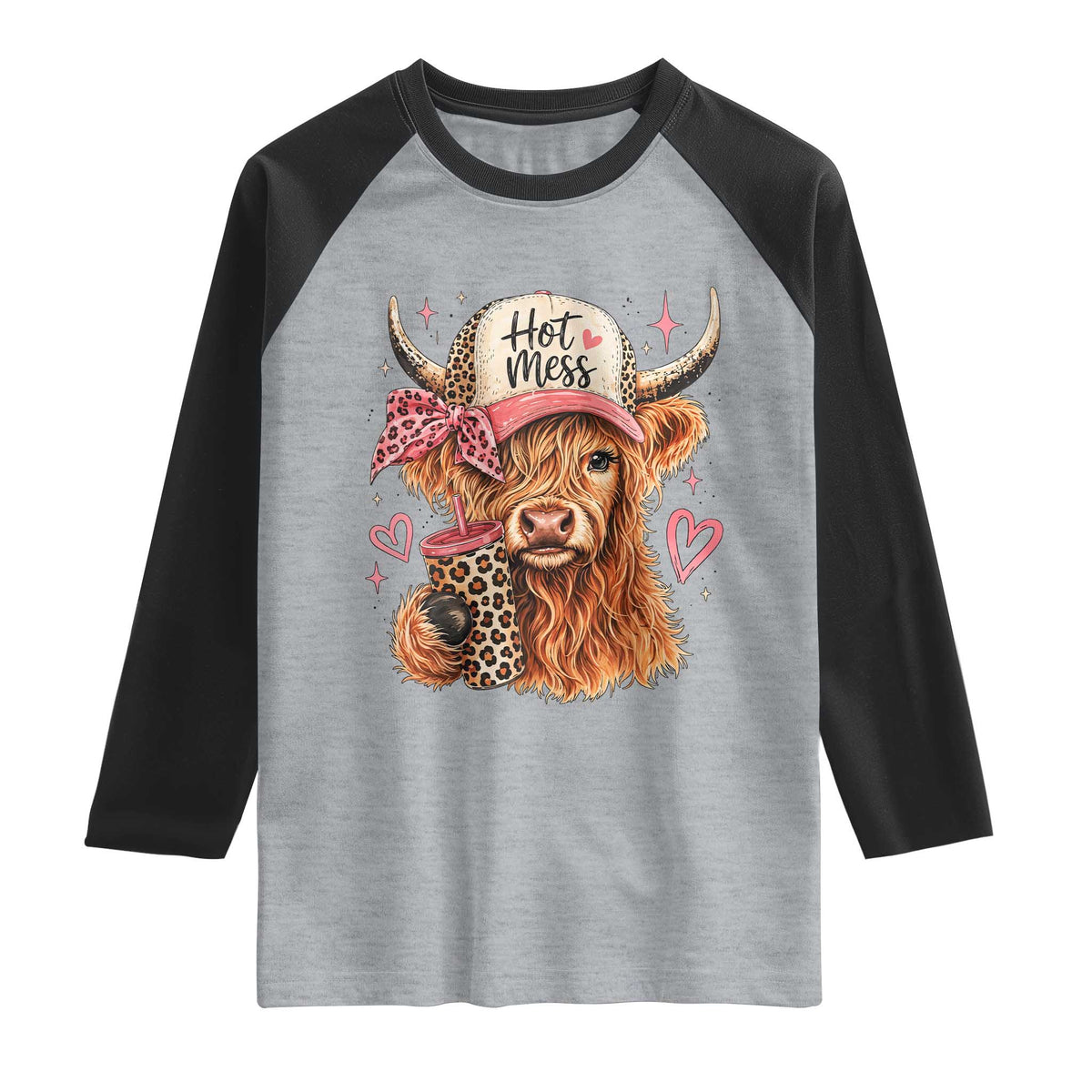 Hot Mess Highland Cow Pink Leopard Coquette Raglan Shirt Cute Western Country Mom Life
