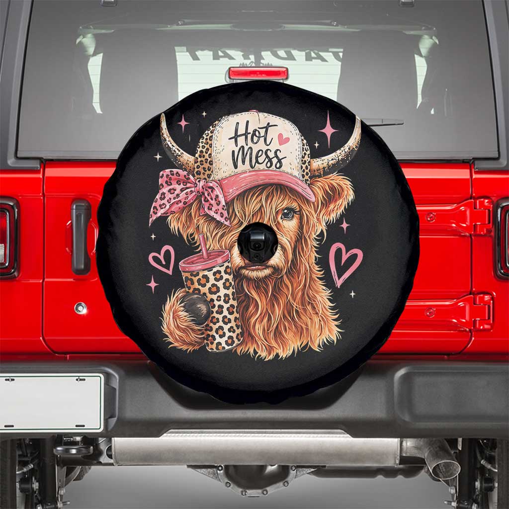 Hot Mess Highland Cow Pink Leopard Coquette Spare Tire Cover Cute Western Country Mom Life