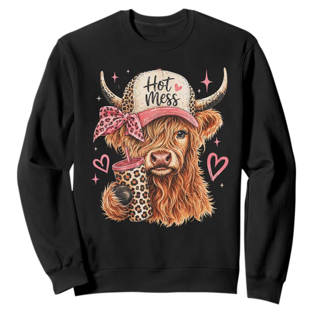 Hot Mess Highland Cow Pink Leopard Coquette Sweatshirt Cute Western Country Mom Life