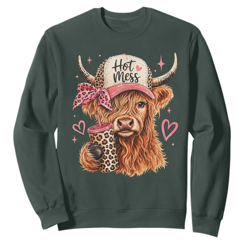 Hot Mess Highland Cow Pink Leopard Coquette Sweatshirt Cute Western Country Mom Life