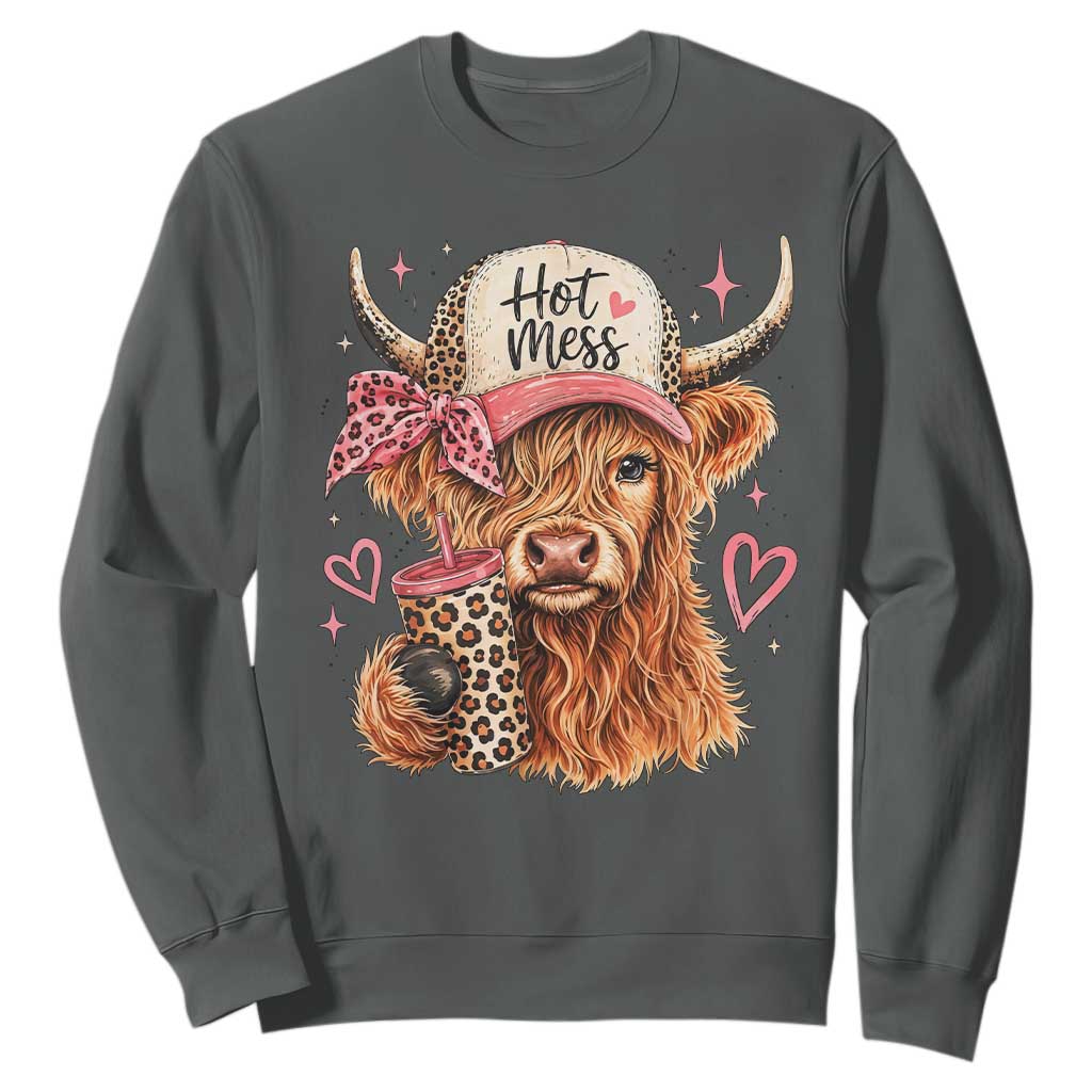 Hot Mess Highland Cow Pink Leopard Coquette Sweatshirt Cute Western Country Mom Life
