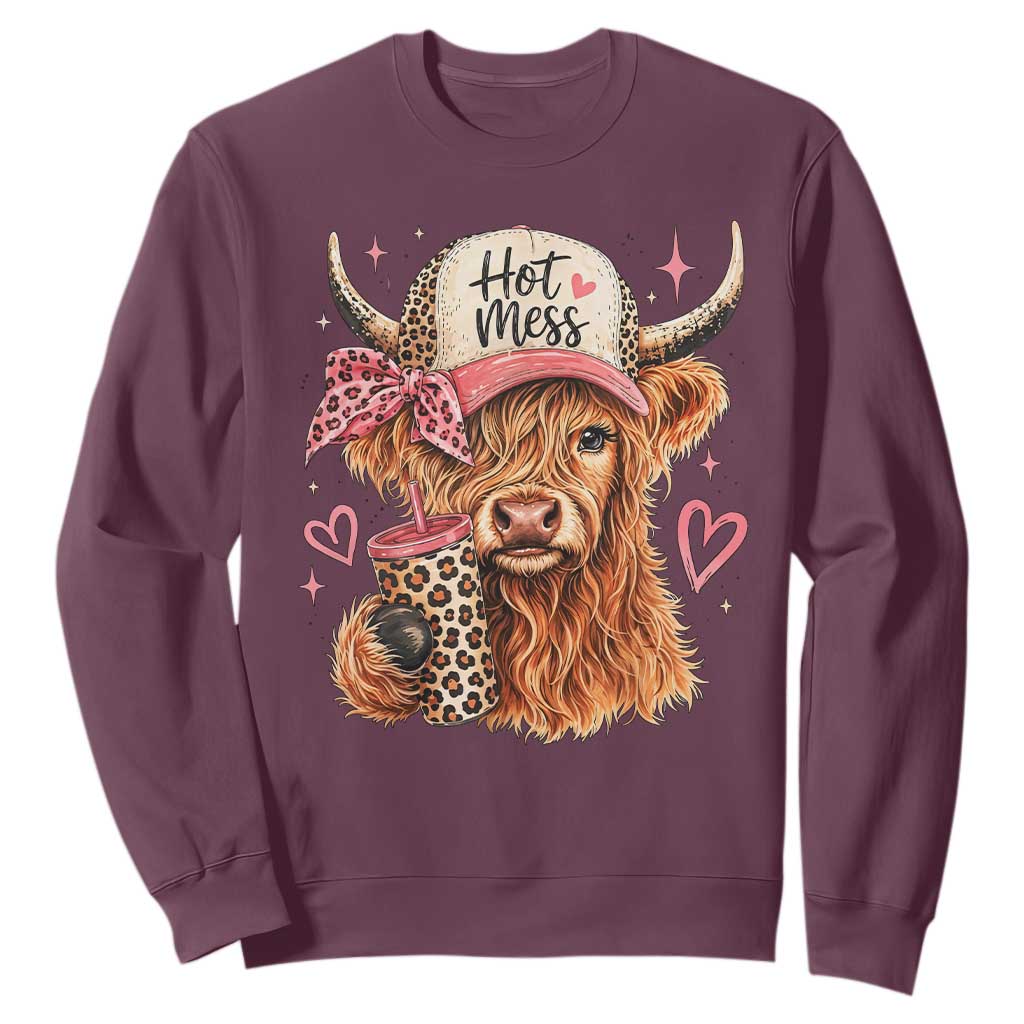 Hot Mess Highland Cow Pink Leopard Coquette Sweatshirt Cute Western Country Mom Life