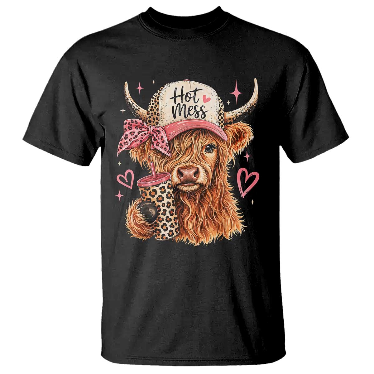 Hot Mess Highland Cow Pink Leopard Coquette T Shirt Cute Western Country Mom Life