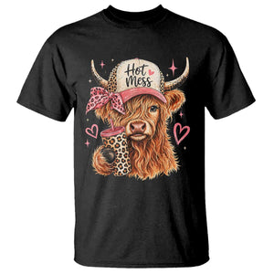 Hot Mess Highland Cow Pink Leopard Coquette T Shirt Cute Western Country Mom Life