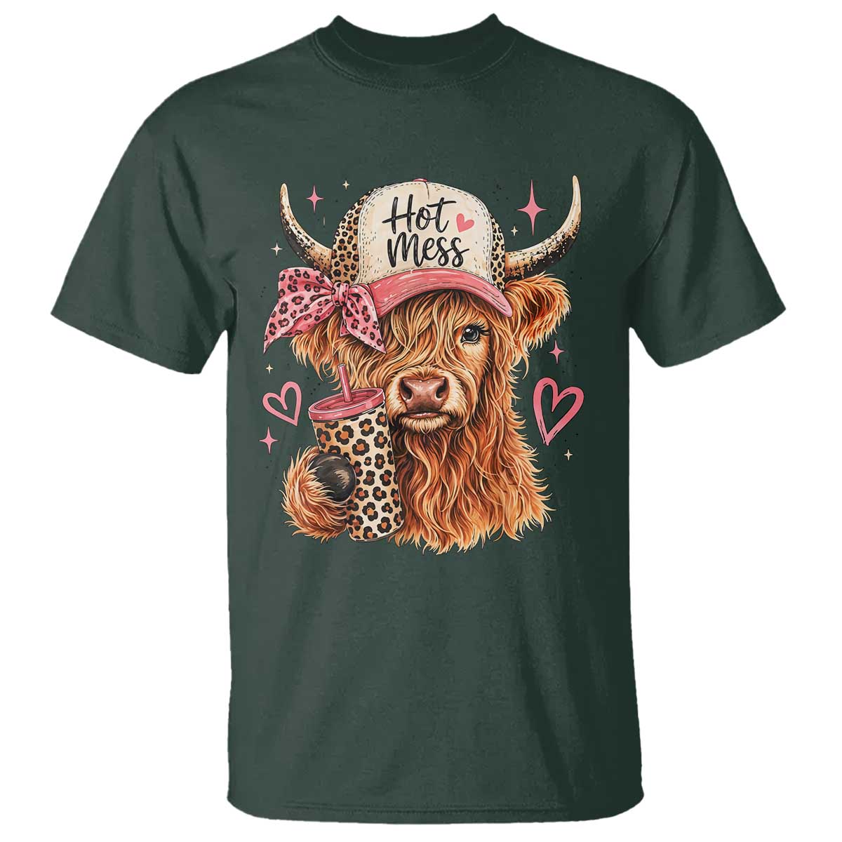Hot Mess Highland Cow Pink Leopard Coquette T Shirt Cute Western Country Mom Life