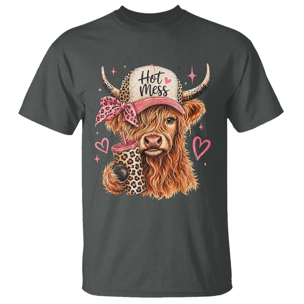 Hot Mess Highland Cow Pink Leopard Coquette T Shirt Cute Western Country Mom Life