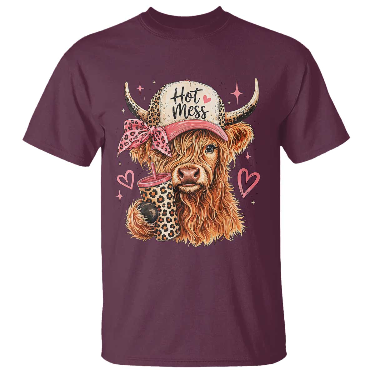 Hot Mess Highland Cow Pink Leopard Coquette T Shirt Cute Western Country Mom Life