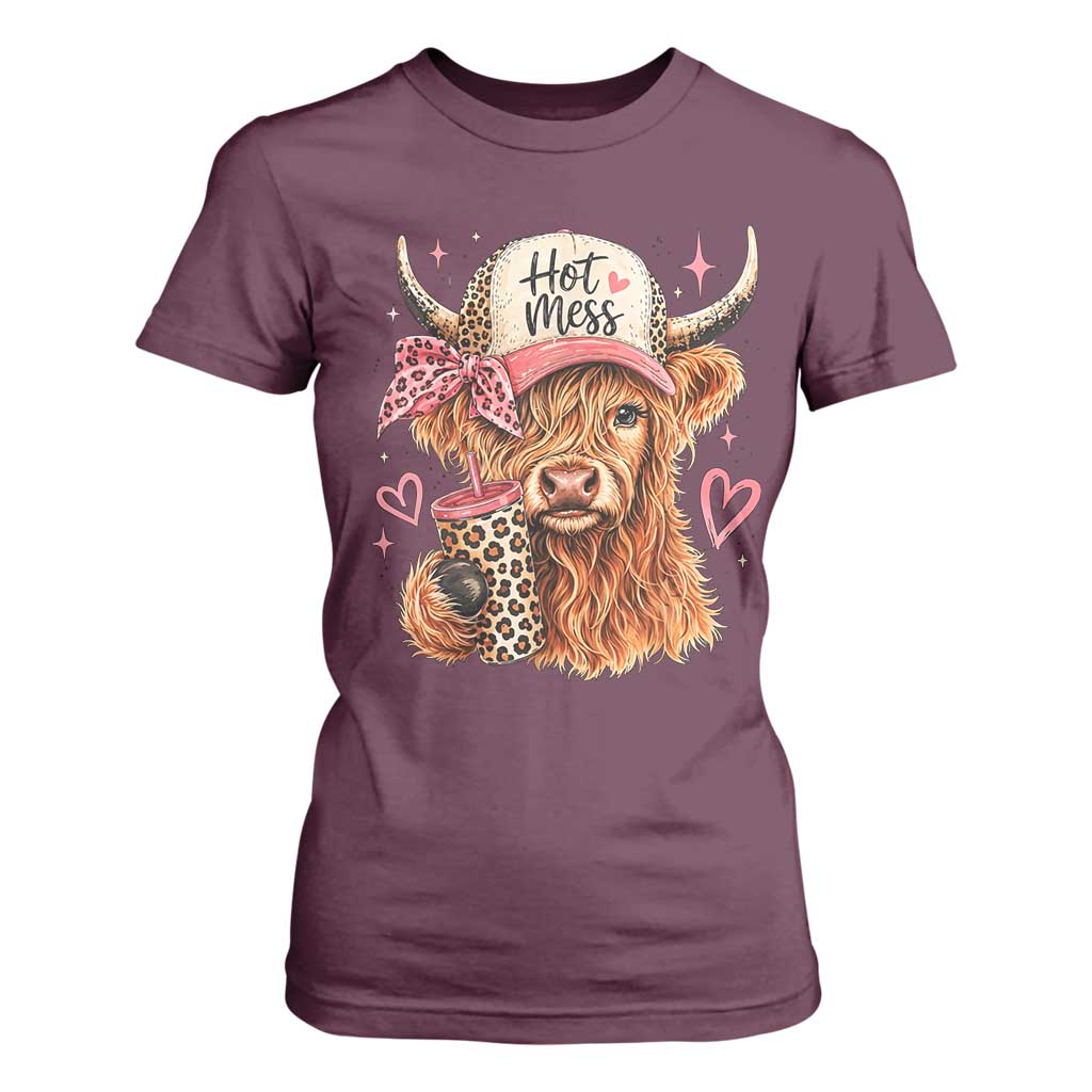 Hot Mess Highland Cow Pink Leopard Coquette T Shirt For Women Cute Western Country Mom Life