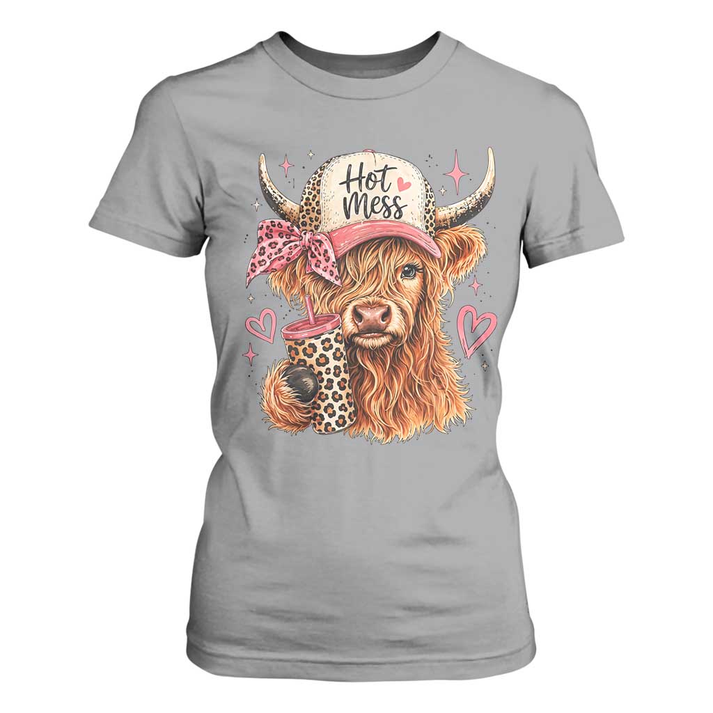 Hot Mess Highland Cow Pink Leopard Coquette T Shirt For Women Cute Western Country Mom Life
