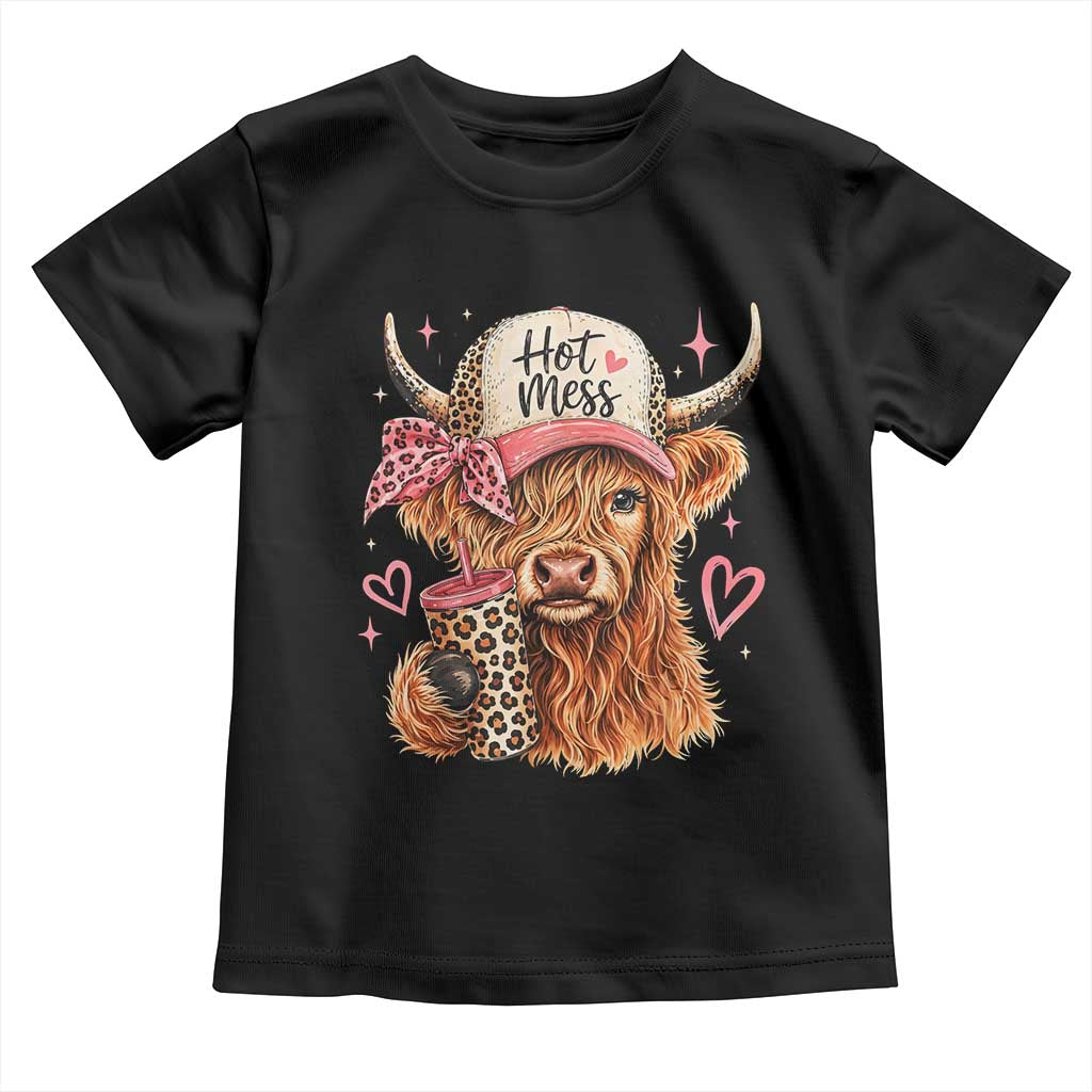 Hot Mess Highland Cow Pink Leopard Coquette Toddler T Shirt Cute Western Country Mom Life