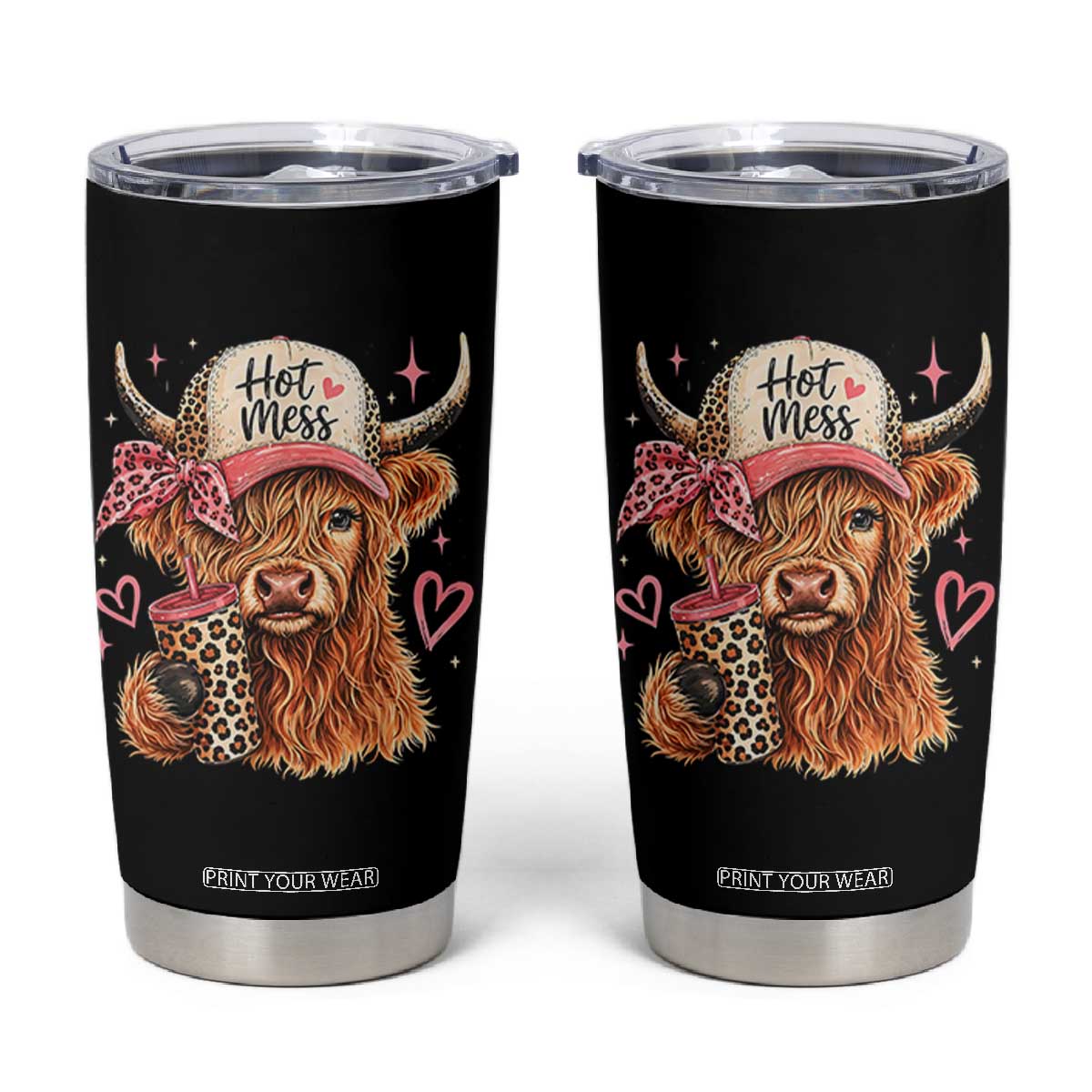 Hot Mess Highland Cow Pink Leopard Coquette Tumbler Cup Cute Western Country Mom Life
