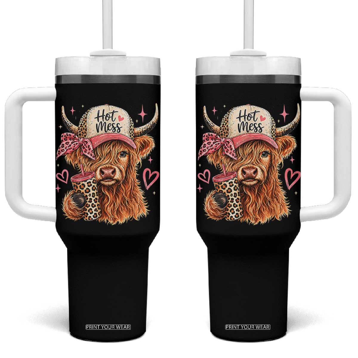 Hot Mess Highland Cow Pink Leopard Coquette Tumbler With Handle Cute Western Country Mom Life TS02 One Size: 40 oz Black Print Your Wear