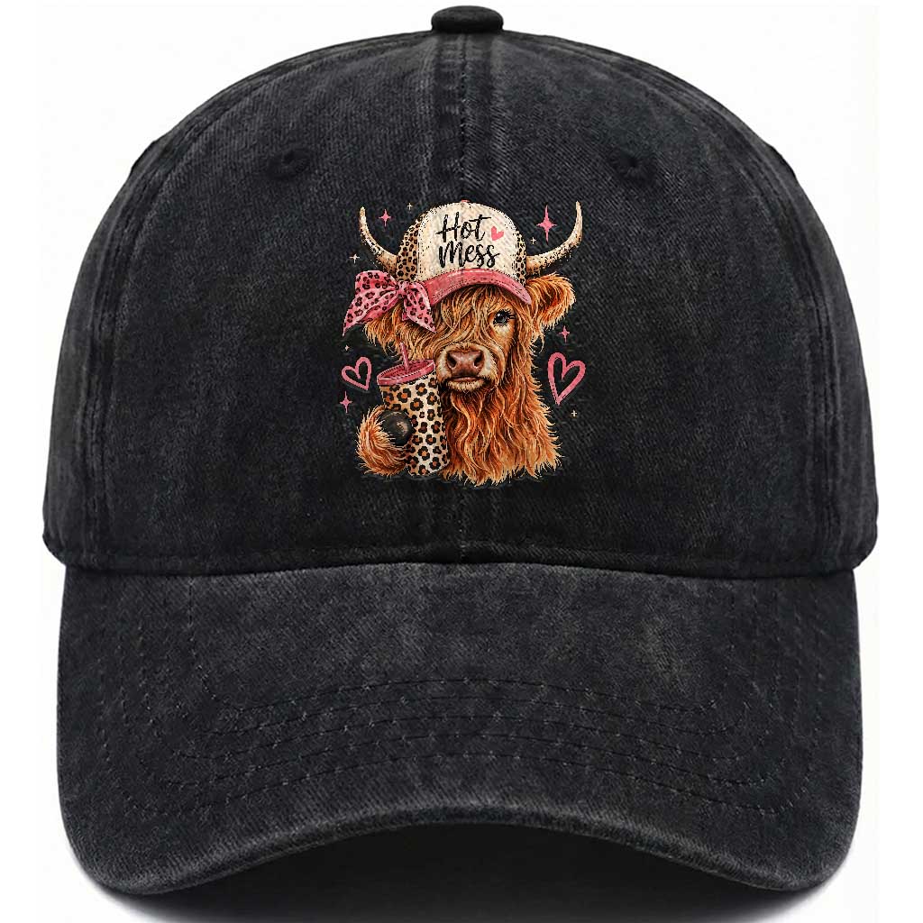 Hot Mess Highland Cow Pink Leopard Coquette Washed Cotton Baseball Cap Cute Western Country Mom Life TS02 Print Your Wear