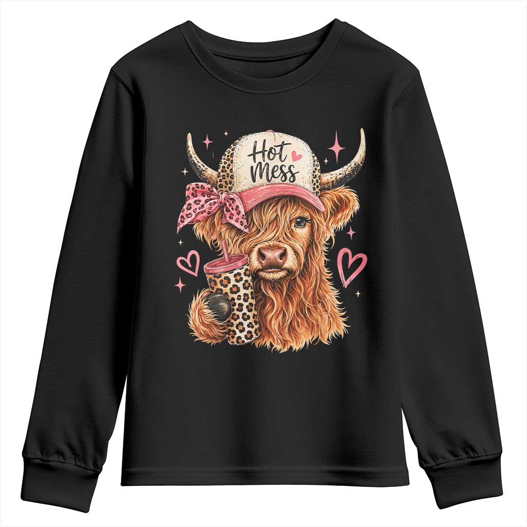 Hot Mess Highland Cow Pink Leopard Coquette Youth Sweatshirt Cute Western Country Mom Life TS02 Black Print Your Wear