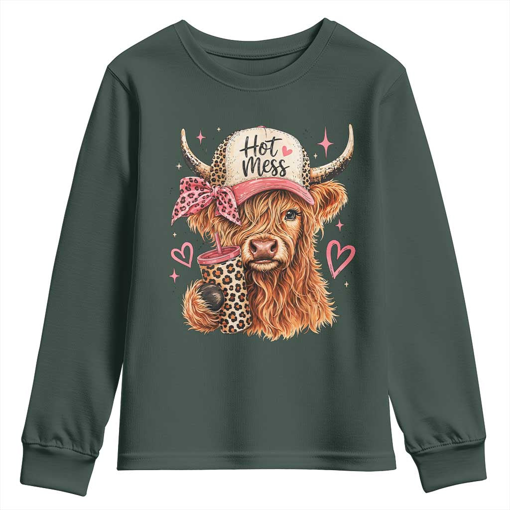 Hot Mess Highland Cow Pink Leopard Coquette Youth Sweatshirt Cute Western Country Mom Life