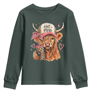 Hot Mess Highland Cow Pink Leopard Coquette Youth Sweatshirt Cute Western Country Mom Life