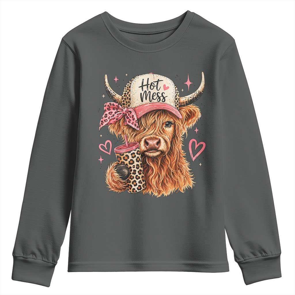 Hot Mess Highland Cow Pink Leopard Coquette Youth Sweatshirt Cute Western Country Mom Life