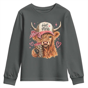 Hot Mess Highland Cow Pink Leopard Coquette Youth Sweatshirt Cute Western Country Mom Life
