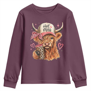 Hot Mess Highland Cow Pink Leopard Coquette Youth Sweatshirt Cute Western Country Mom Life