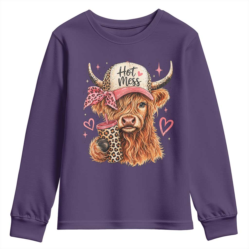 Hot Mess Highland Cow Pink Leopard Coquette Youth Sweatshirt Cute Western Country Mom Life
