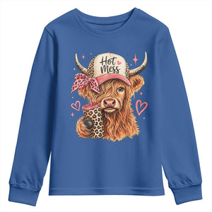Hot Mess Highland Cow Pink Leopard Coquette Youth Sweatshirt Cute Western Country Mom Life