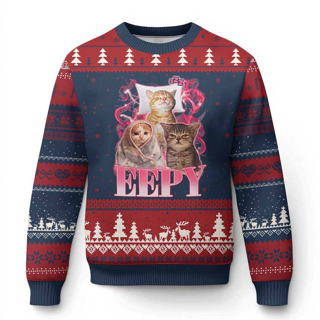 Eepy Sleepy Cats Y2K Bootleg Meme Graphic Ugly Christmas Sweater Funny Internet Culture Humor TS02 Navy Red Print Your Wear