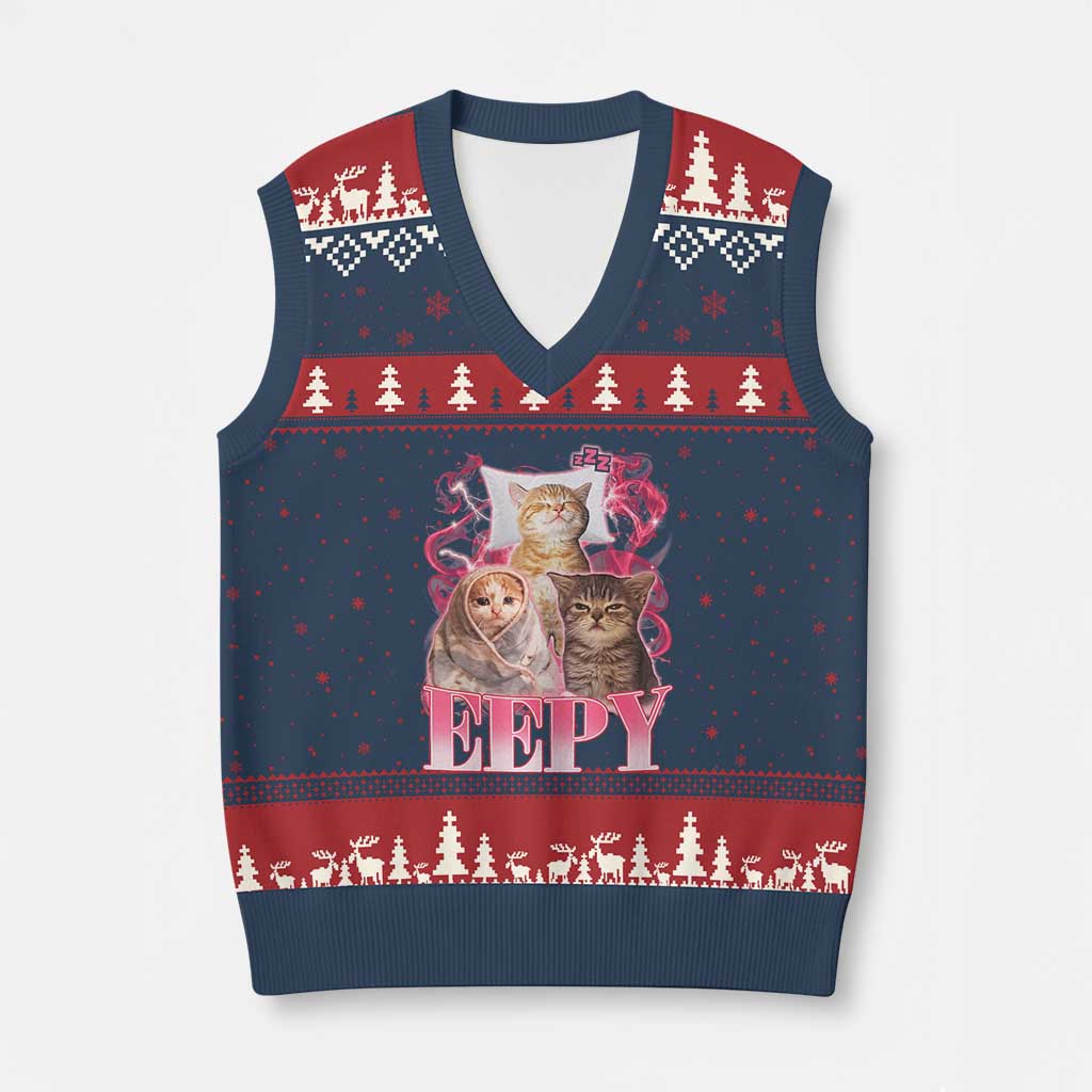 Eepy Sleepy Cats Y2K Bootleg Meme Graphic V-Neck Knit Sweater Vest Funny Internet Culture Humor TS02 Navy Red Print Your Wear