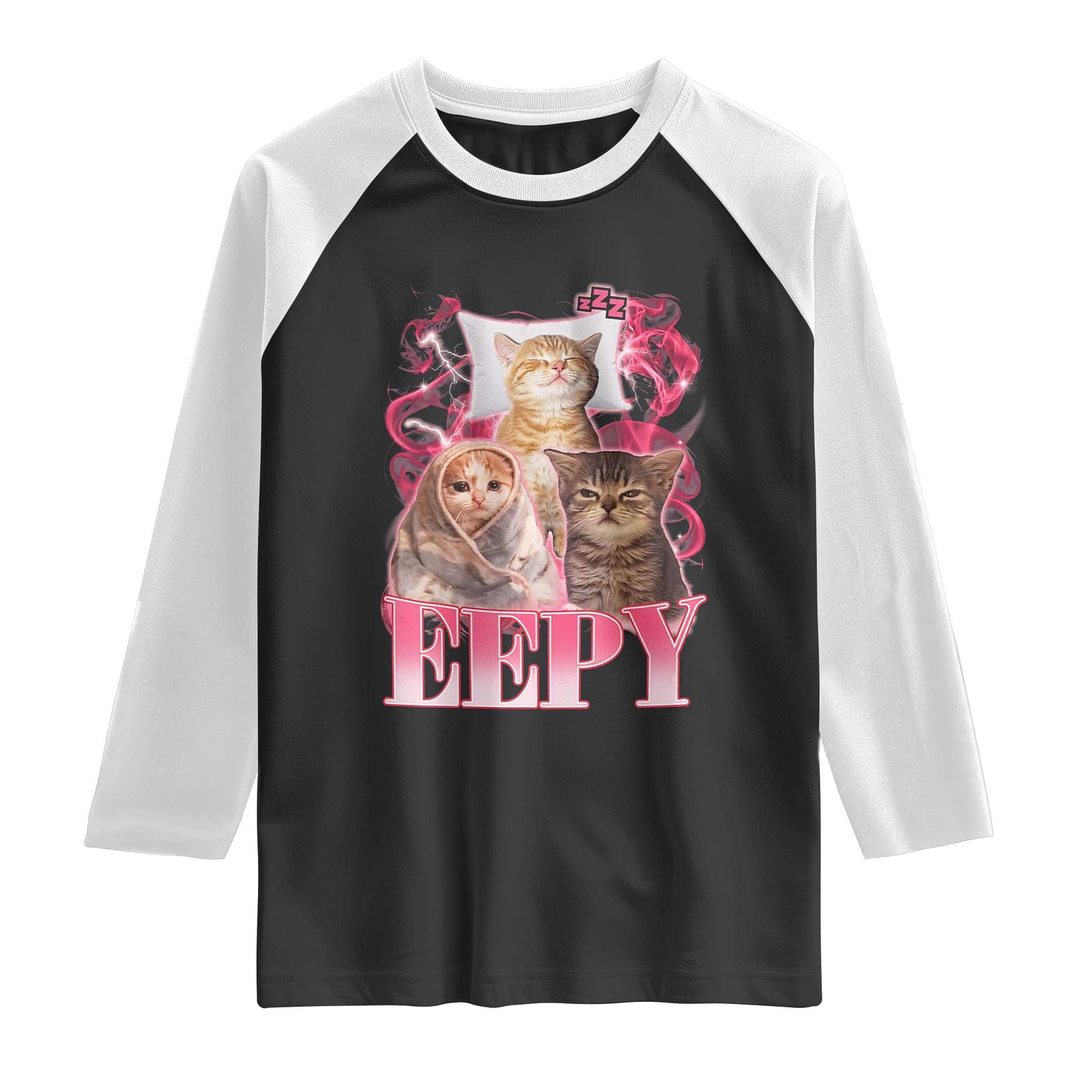 Eepy Sleepy Cats Y2K Bootleg Meme Graphic Raglan Shirt Funny Internet Culture Humor TS02 Black White Print Your Wear